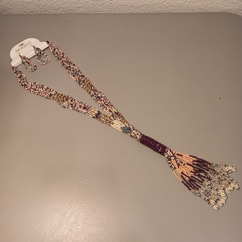 Bogot multicolor seed bead matching jewelry set tassel necklace & earrings - NWT